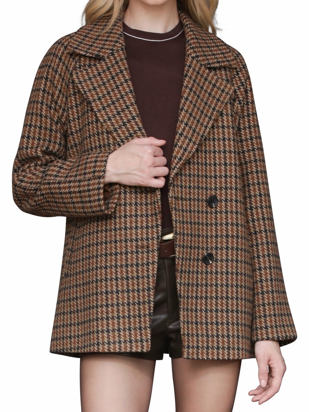 Avec Les Filles Brown Houndstooth Double-Breasted Peacoat